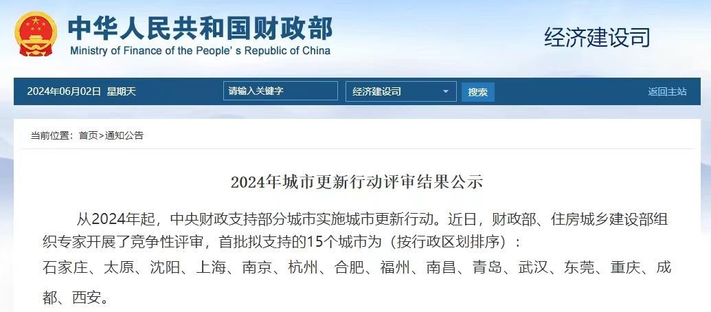 2024年城市更新行動評審結果已公示，全國15座試點城市，新的基建項目要火速開展了！